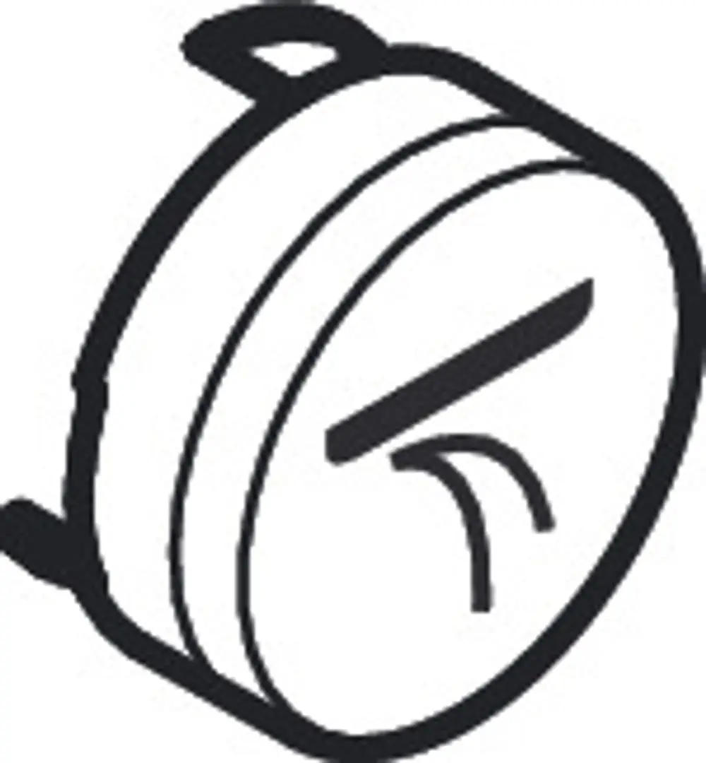 Weißes Druckknopf-Symbol für eine Schwallbrause von Hansgrohe, dargestellt als runde Form mit einem kurzen Strich und einer geschwungenen Linie darunter.